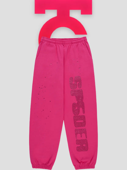 Sp5der Rhinestone Silk Sweatpants Pink