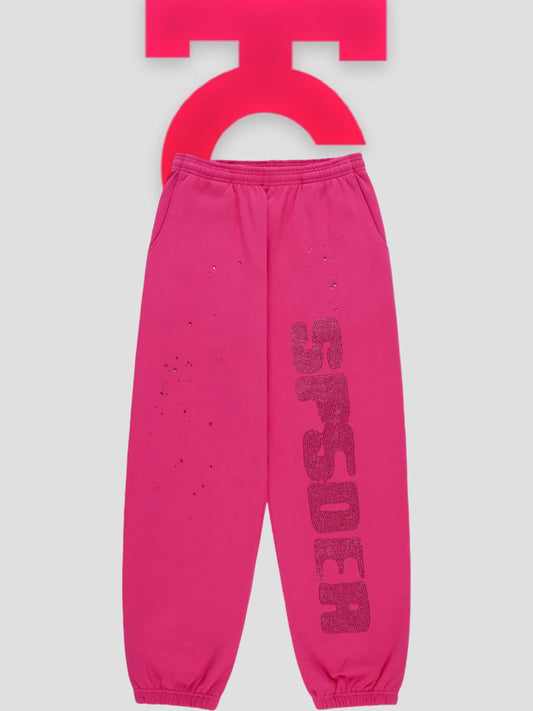 Sp5der Rhinestone Silk Sweatpants Pink