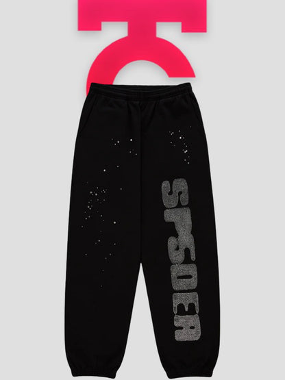 Sp5der Rhinestone Silk Sweatpants Black