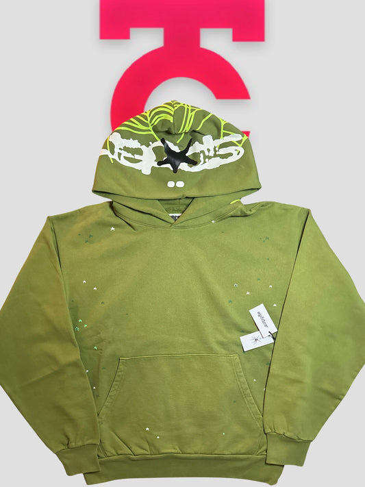 Sp5der Webbed Hood Olive Green Hoodie