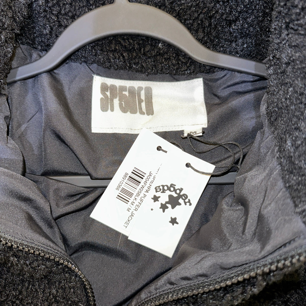 Sp5der Sherpa Puffer Jacket Black neck tag size Medium